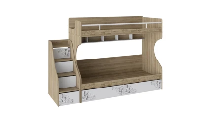 Кровать 2-х ярусная с лестницей приставной с ящиками «Оксфорд» - СМ-139.11.012 Ривьера, Белый с рисунком